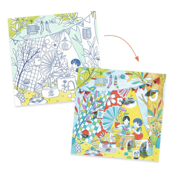 Interactive nature scene with children coloring outdoors.
