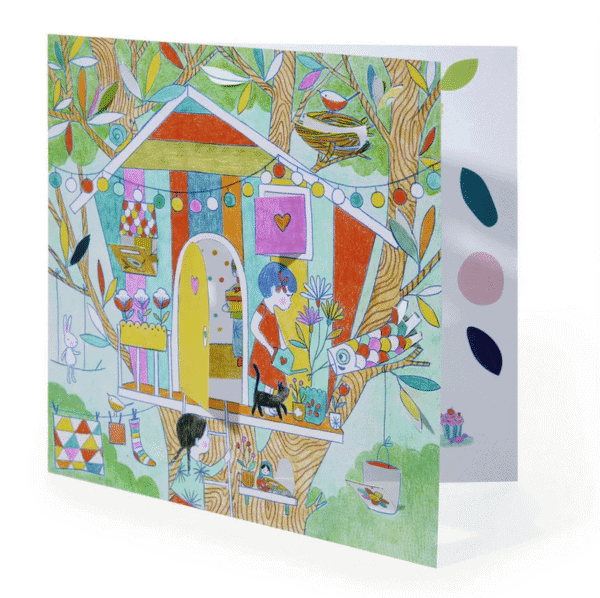 Colorful illustration of a whimsical treehouse with animals.