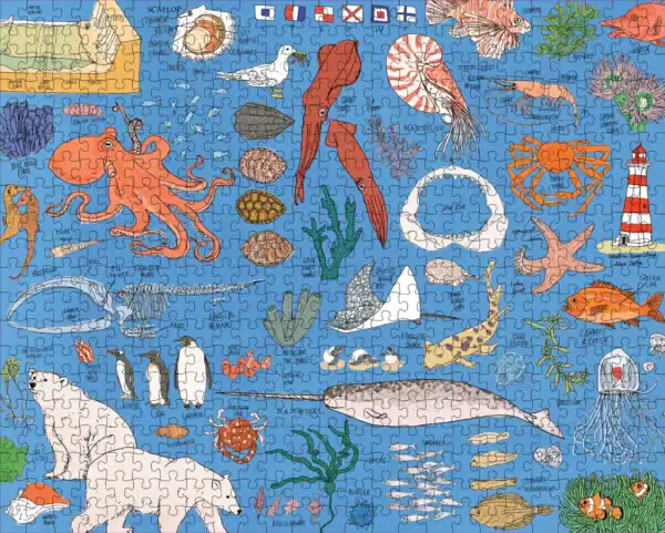 Colorful ocean life illustrated puzzle with marine creatures.