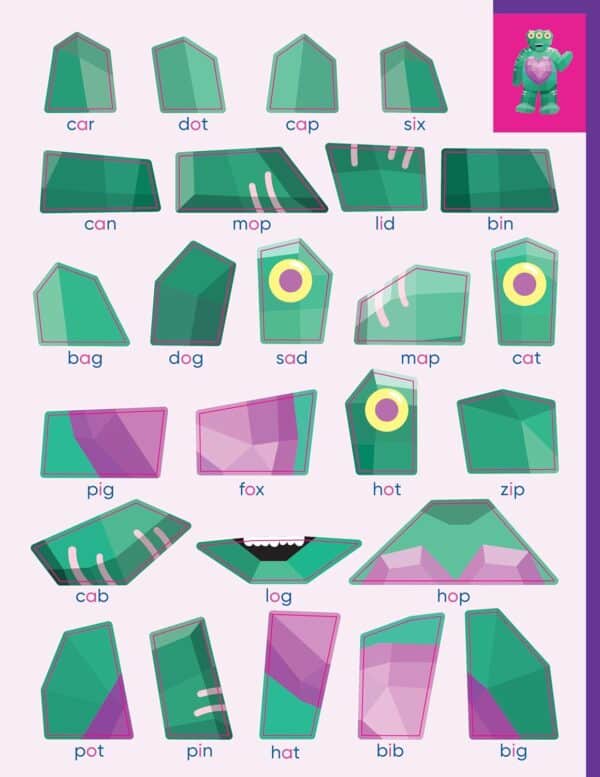 3D shapes with CVC words for phonics learning.