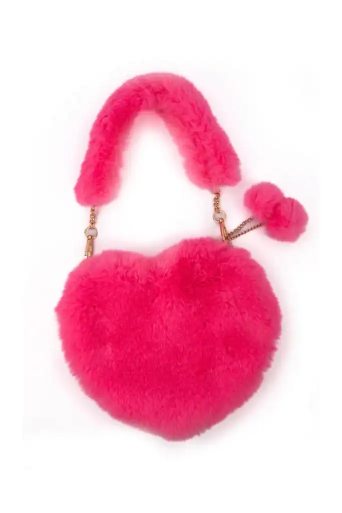 Pink fluffy heart-shaped bag with pom pom