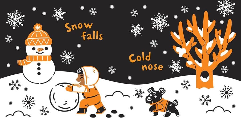 Child and dog playing in snow with snowman.