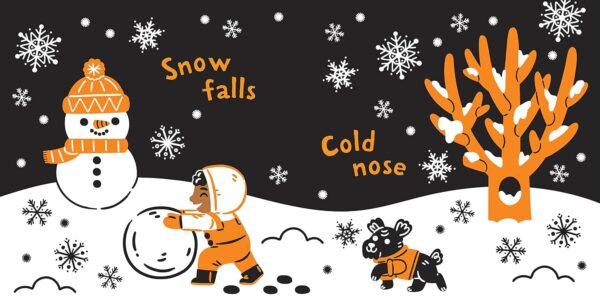 Child and dog playing in snow with snowman.