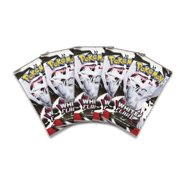 Five Pokémon White Flare card packs displayed.