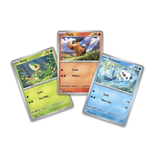 Snivy, Tepig, Oshawott Pokémon cards displayed.