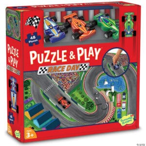 Race day puzzle and play toy box, 48 pieces.