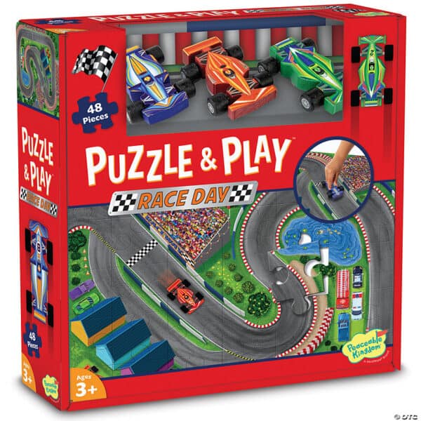 Race day puzzle and play toy box, 48 pieces.