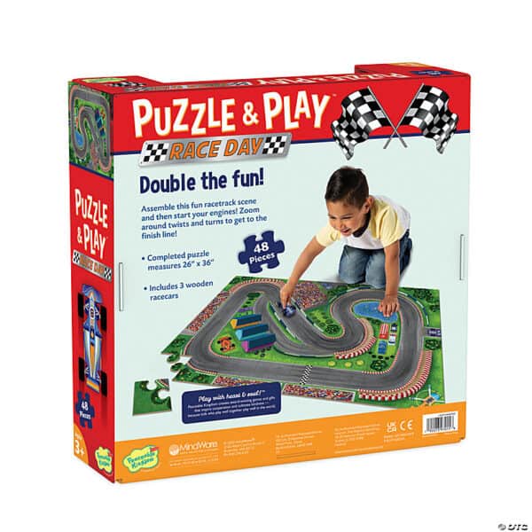 Race car puzzle box with child playing.