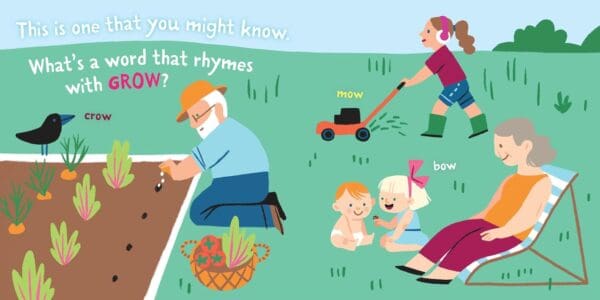 Illustrated rhyming words with garden, family activities.