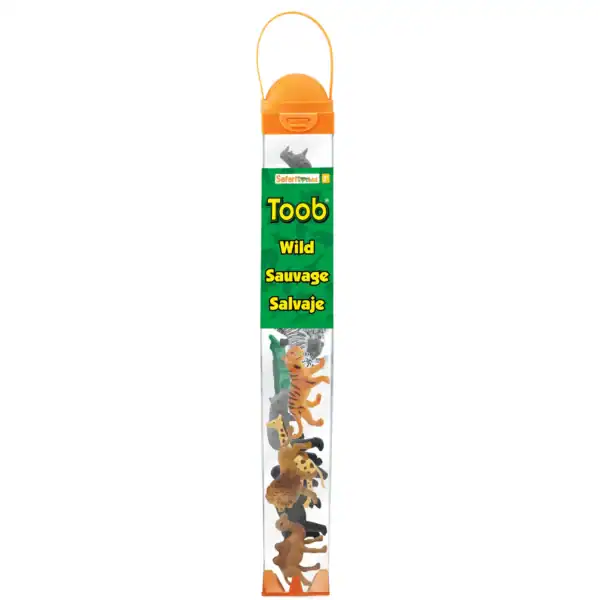 Wild animal figures in clear container.