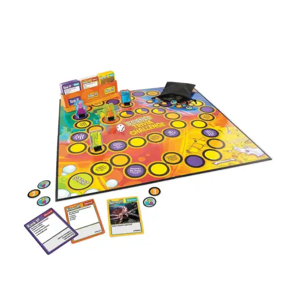 Colorful science trivia board game with cards and tokens.