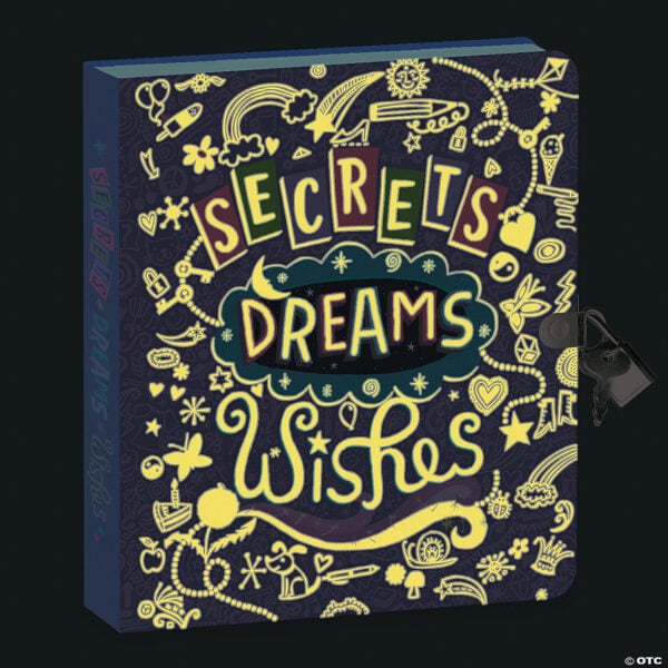 Decorated journal cover with "Secrets Dreams Wishes.