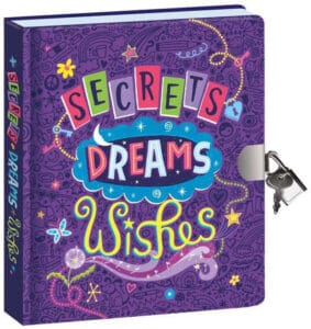 Colorful diary titled Secrets, Dreams, Wishes with lock.