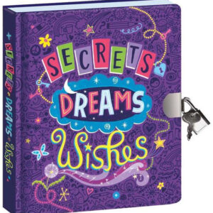 Colorful diary titled Secrets, Dreams, Wishes with lock.