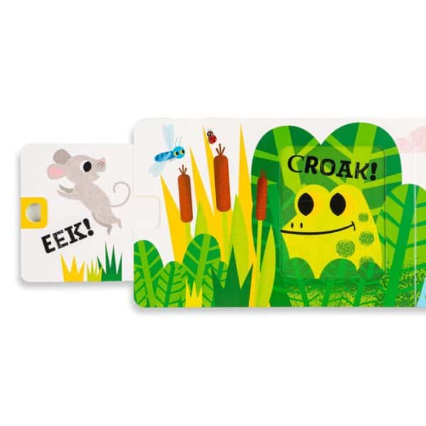 Children's book page with mouse and frog.