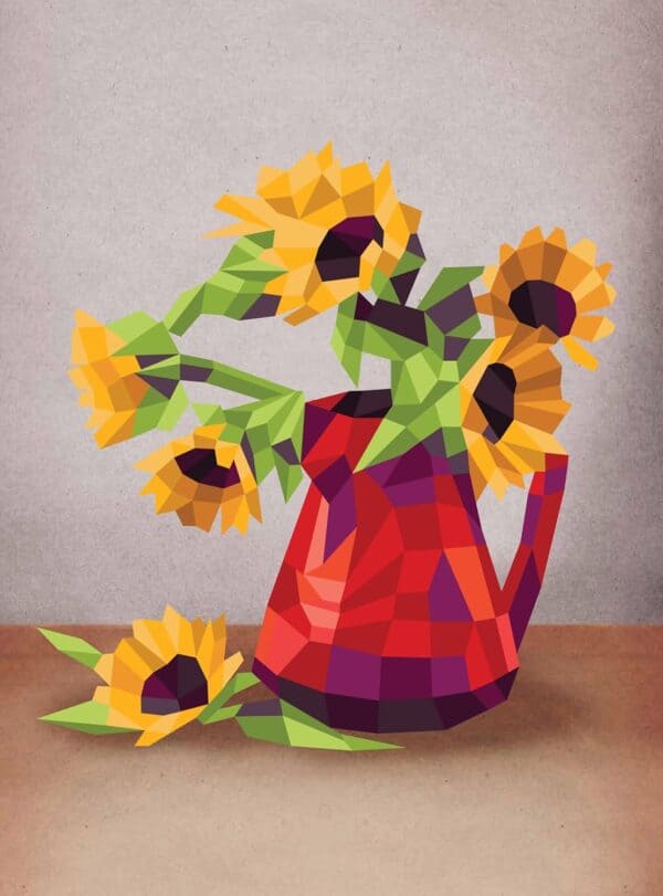 Polygon art of sunflowers in red pitcher