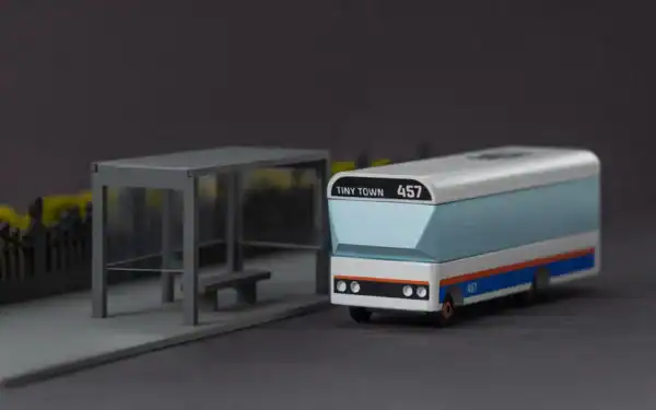 Model bus 457 at miniature bus stop