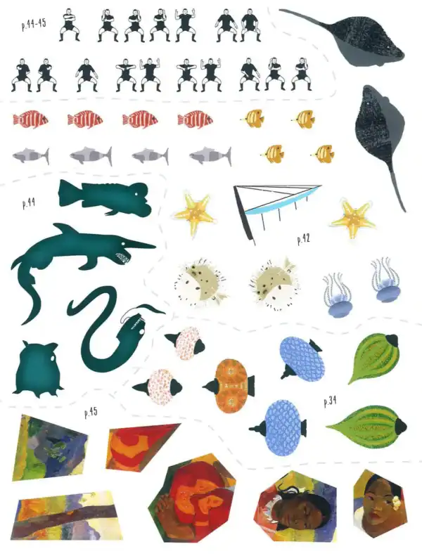 Colorful marine creatures, geometric shapes, and diverse portraits.