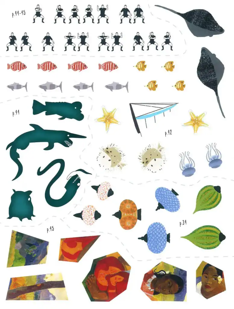 Colorful marine creatures, geometric shapes, and diverse portraits.