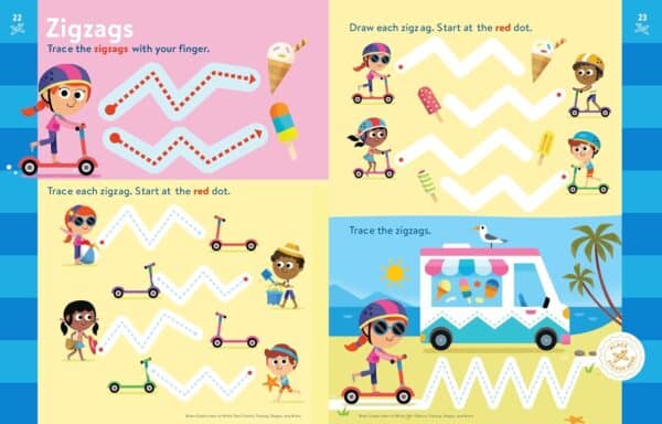 Children tracing zigzag patterns with scooters and ice cream.