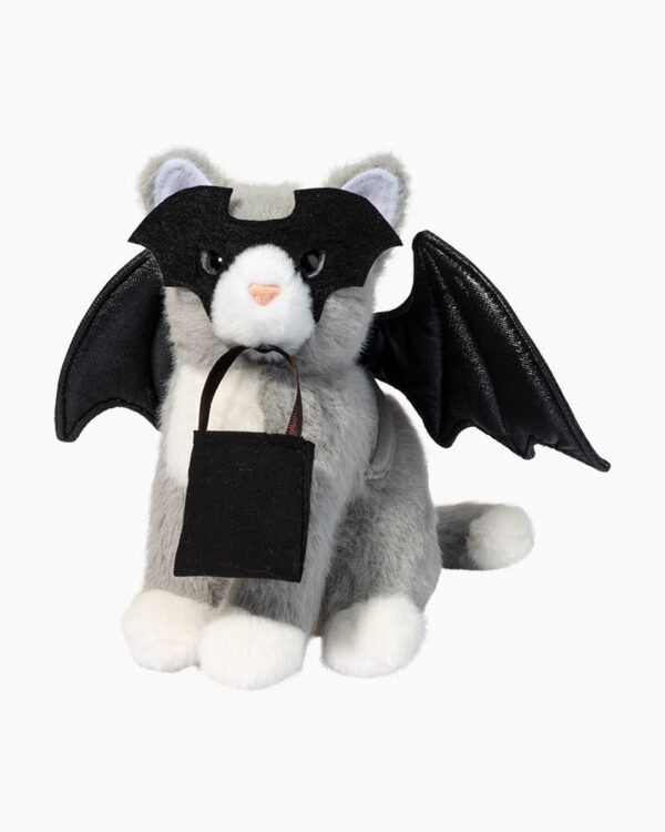 Stuffed cat in bat costume with wings and mask.