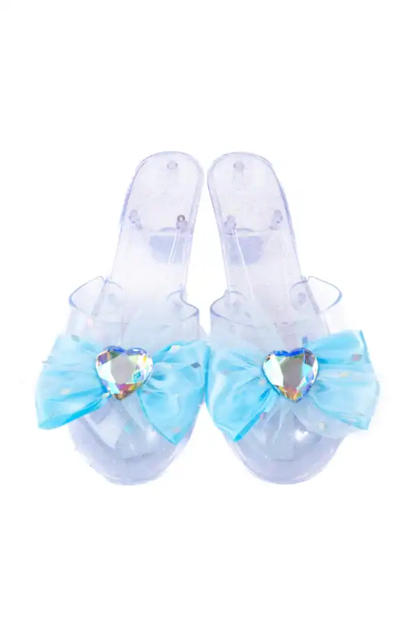 Clear sandals with blue bows and heart gems.