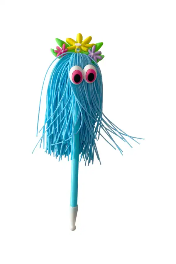 Blue monster pen with colorful hair and eyes.