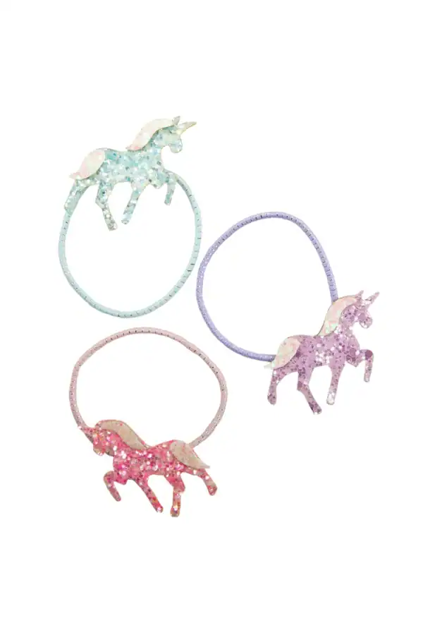 Sparkly unicorn hair ties in pastel colors.