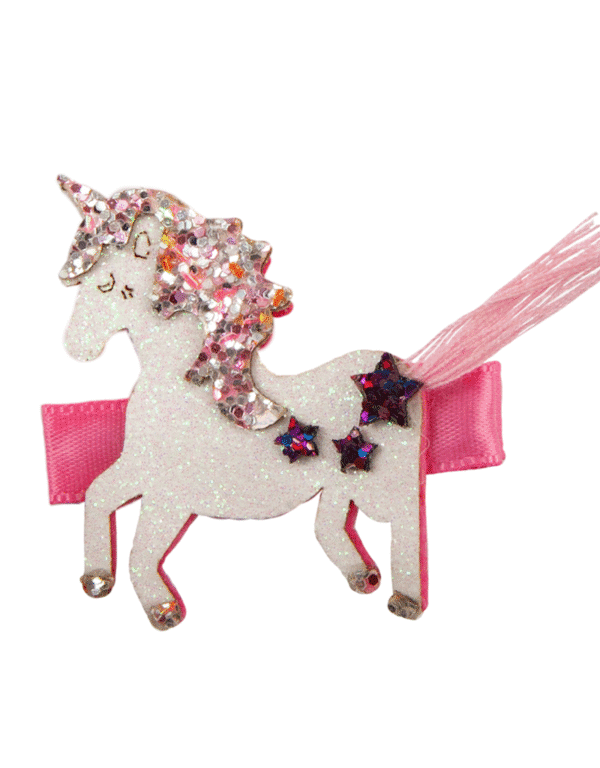 Sparkly unicorn-shaped hair clip with pink bow.