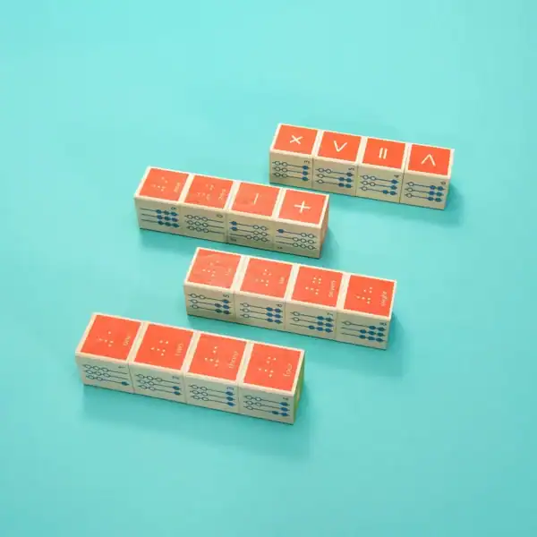 Wooden blocks with numbers and symbols on turquoise.
