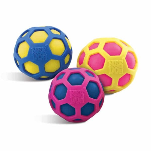 Colorful stress balls with geometric patterns.