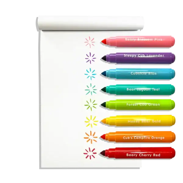 Colorful markers on paper with color samples.