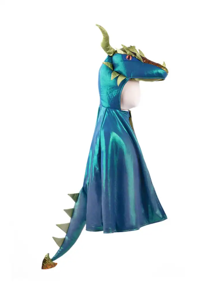 Blue dragon costume with horns and tail.