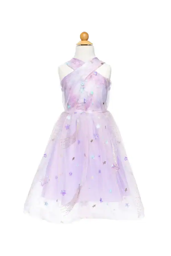 Purple tulle dress with star details on mannequin.