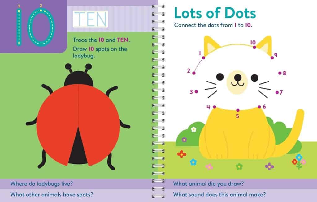 Children's book page with counting activities and drawing.