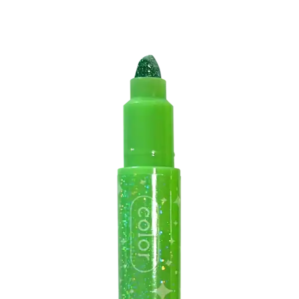 Green glittery marker pen on plain background.