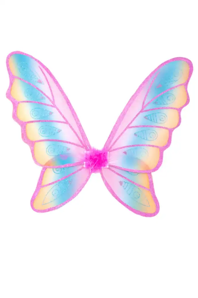 Colorful butterfly costume wings, pink and blue hues.