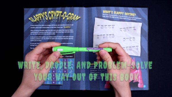 Hands holding a green pen over puzzle book