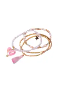 Set of colorful beaded bracelets with charms.