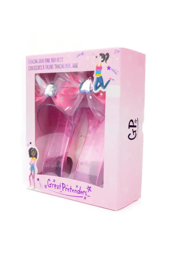 Pink play high heels in decorative box.
