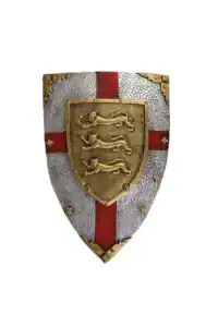 Medieval shield with three golden lions emblem.