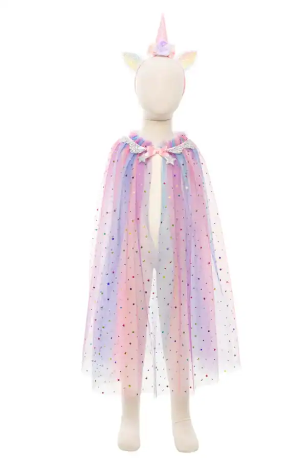 Unicorn costume with pastel cape and headband.