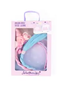 Unicorn braid toy with pink and blue colors.