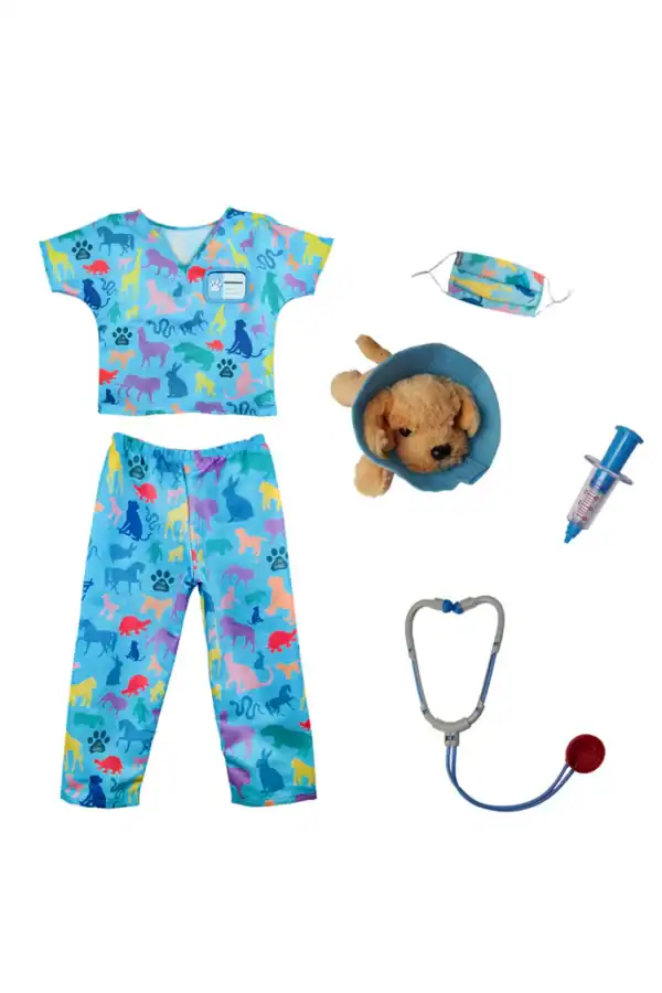 Kids' vet play costume with tools and toy dog.