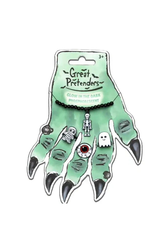 Glow in the dark phosphorescent jewelry set on card.