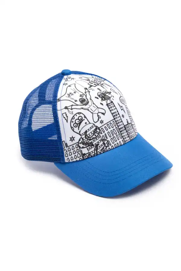 Blue mesh cap with abstract design print.