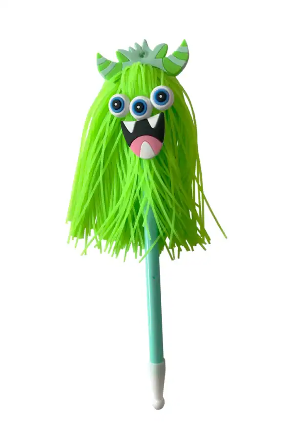 Green three-eyed monster pen with fuzzy hair.
