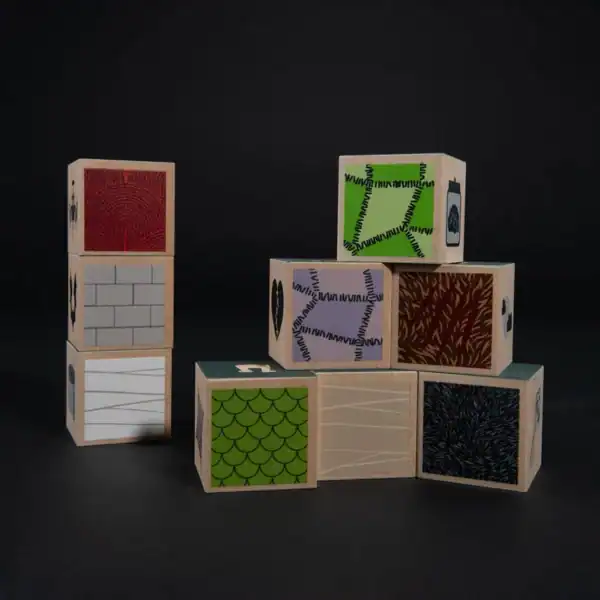 Stacked wooden blocks with colorful patterns
