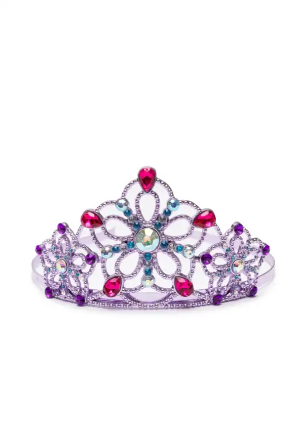Colorful jeweled tiara on white background.