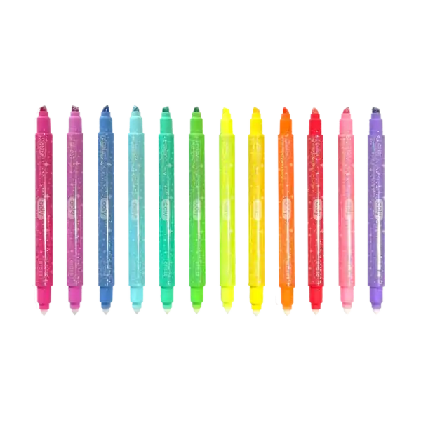 Colorful glitter pens lined up on black background.